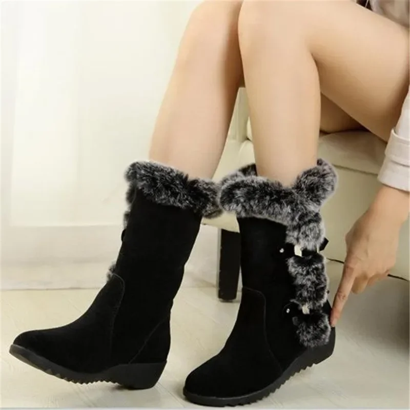 

New Winter Women Boots Casual Warm Fur Mid-Calf Boots shoes Women Slip-On Round Toe wedges Snow Boots shoes Muje Plus size 42