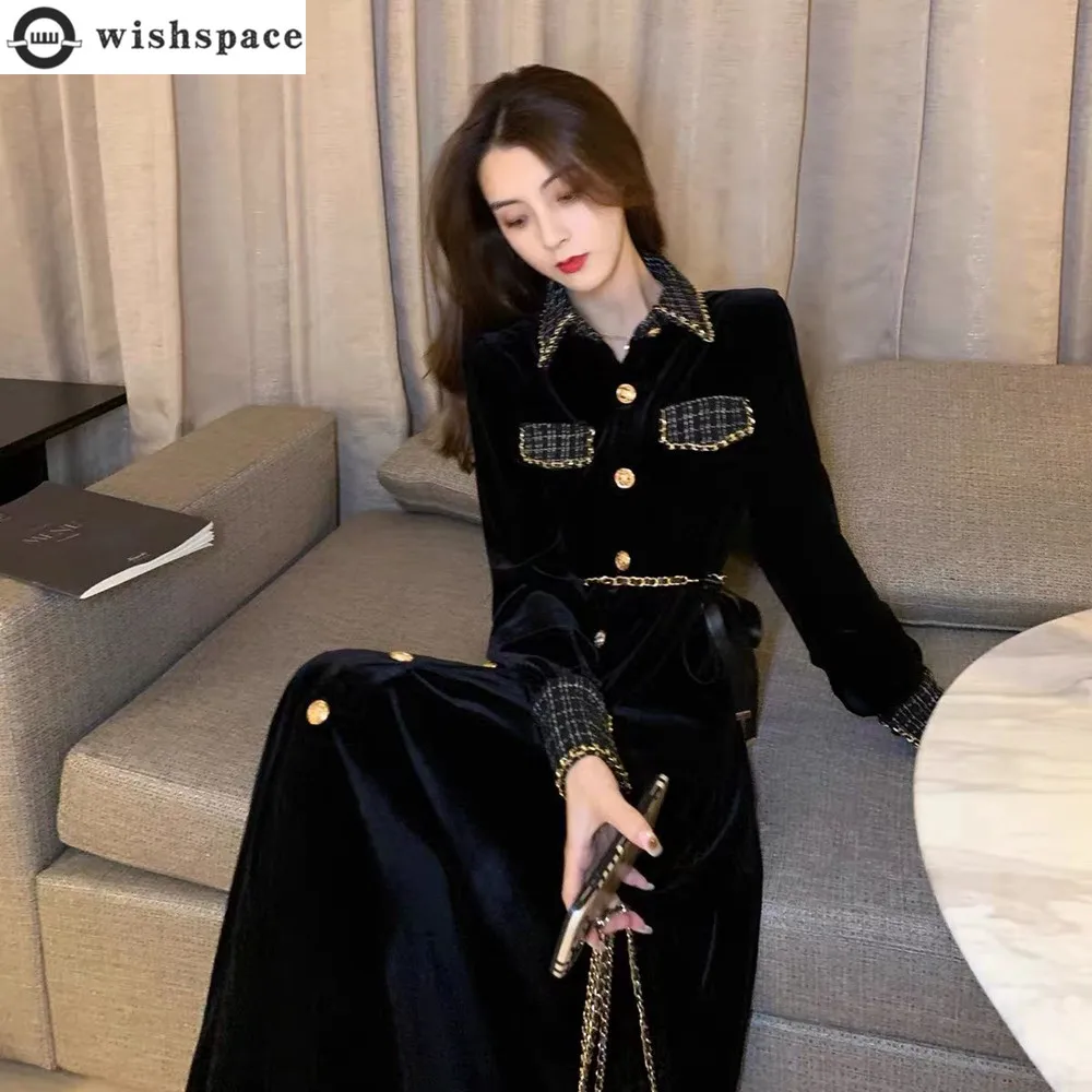 

Celebrity Temperament Dress for Women's Spring and Autumn Wear High-end Waistband Slimming Long Sleeved Black Velvet Long Skirt