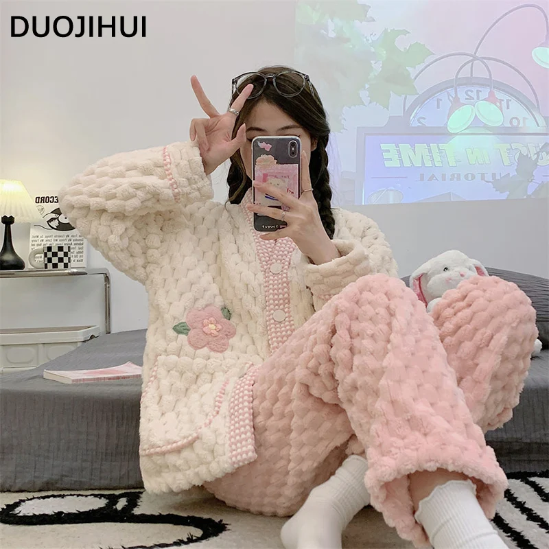 DUOJIHUI Two Piece Simple Winter Thick Warm Pajamas for Women New Long Sleeve Cardigan Loose Pants Fashion Female Sleepwear Sets