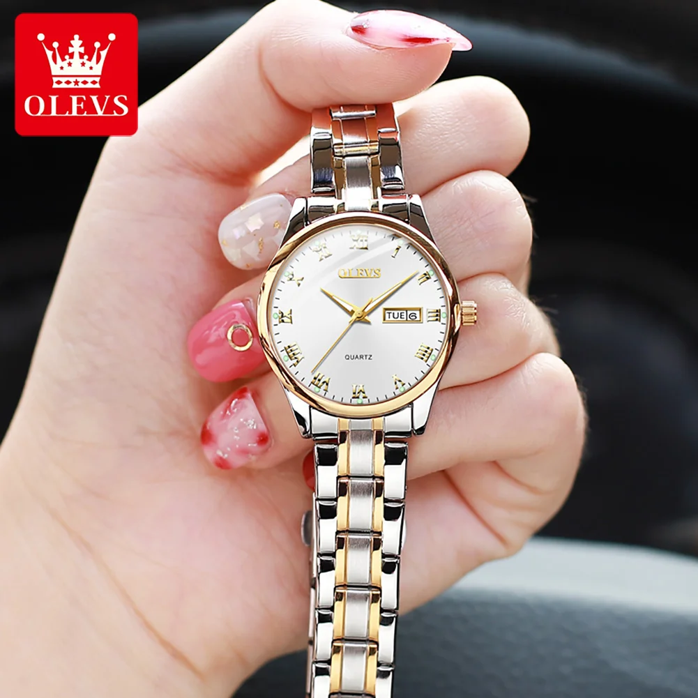 OLEVS Fashion Quartz Watch for Women Stainless Steel Dual Calendar Dial Waterproof Luminous Casual Elegant Ladies Wristwatches