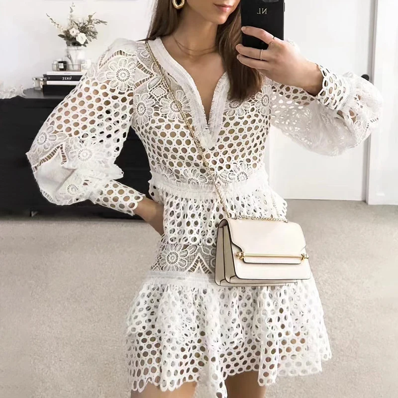 

Elegant V-Neck Lace Ruffle Jacquard Dress Women Vintage Hollow Out Embroidered White Dress Lady Lantern Sleeve Solid Mini Dress