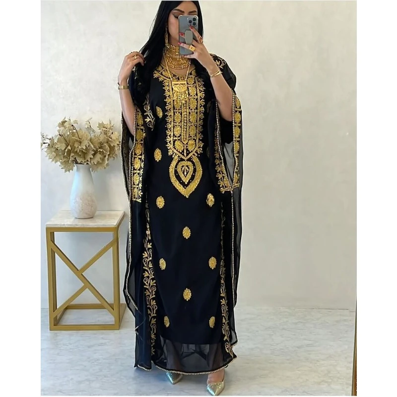 Nero Etnico Marocchino Elegante Caftano Fantasia Lunghezza Del Pavimento Eleganti Abiti Da Festa