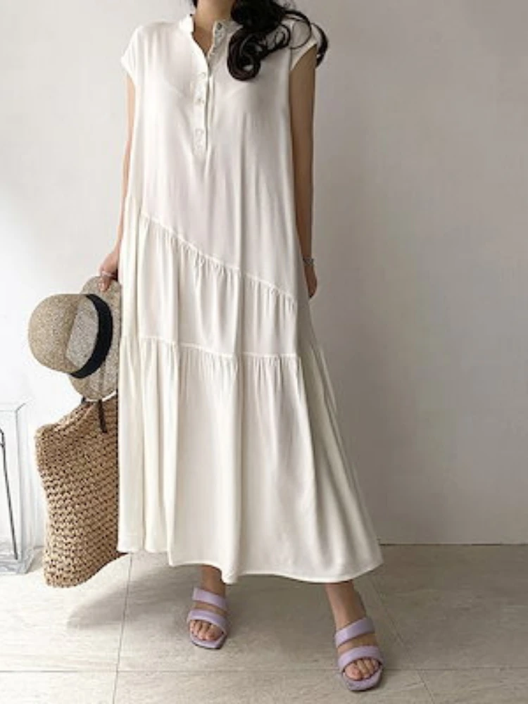 

Summer Dress New Sexy Vintage Patchwork Design Loose Single Row Multi Button Sleeveless A-line Horn Sweet Commuting Dresses