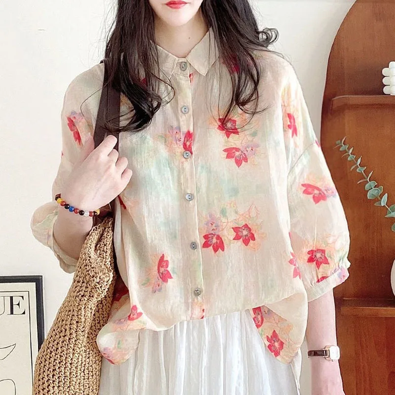 Printing Baby Shirt Tops Female 2024 Summer New Loose Office Lady Loose Three-quarter Sleeve Floral All-match Comfortable Shirt
