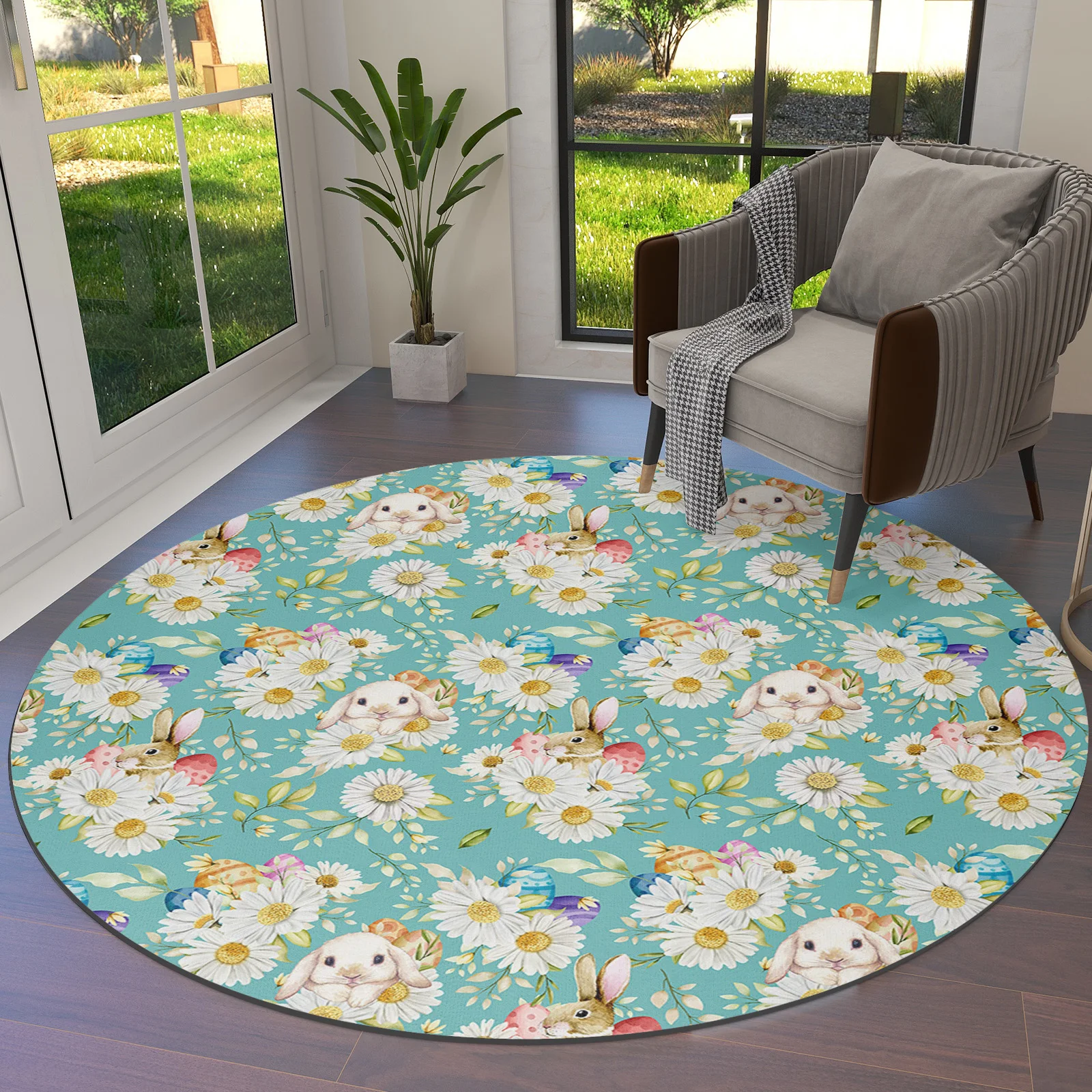 

Easter Egg Rabbit Flowers Round Area Rug Carpets For Living Room Large Mat Home Bedroom Kid Room Decoration