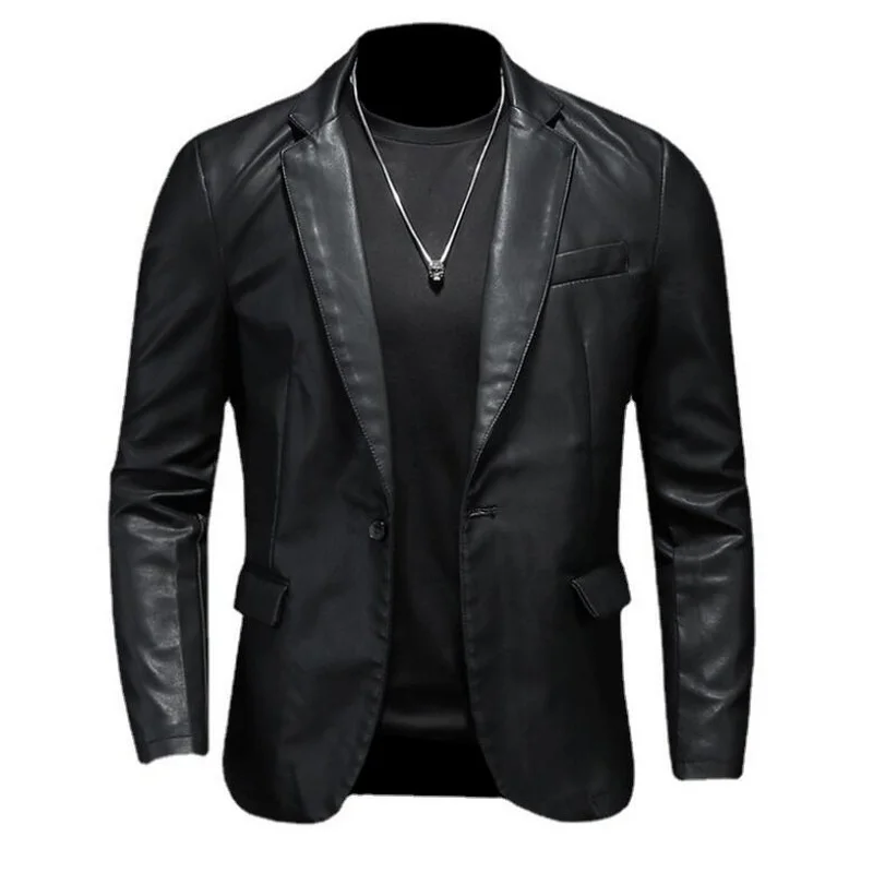 

Dress Suit Coat Lapel Leather Jacket Men's Faux Leather Outwear Slim-Fit Mens Blazer Size M-4XL