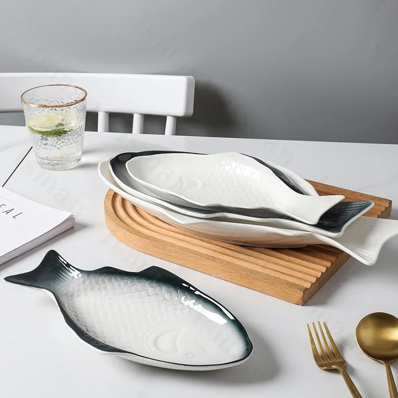 Creative Fish Shaped Ceramic Plate Simple Restaurant Tableware Steamed Fish Dish Grilled and Seafood Dishes Dinner Plates