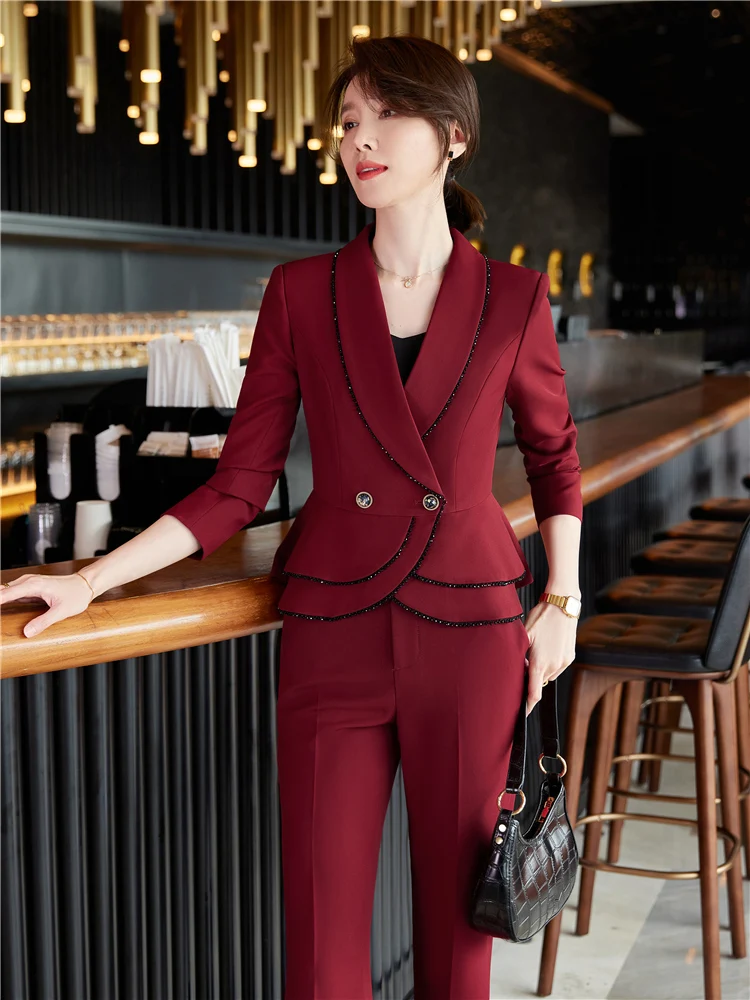 Conjunto de 2 piezas de Blazer elegante para mujer, traje de pantalones de  oficina, trajes de pantalón rojo vino, primavera y otoño - AliExpress