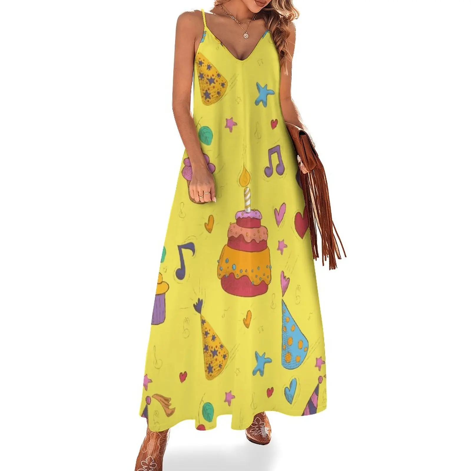

Happy Birthday Seamless Pattern with Cake, Cupcakes and Hats for Children Party Sleeveless Dress evening dress ladies