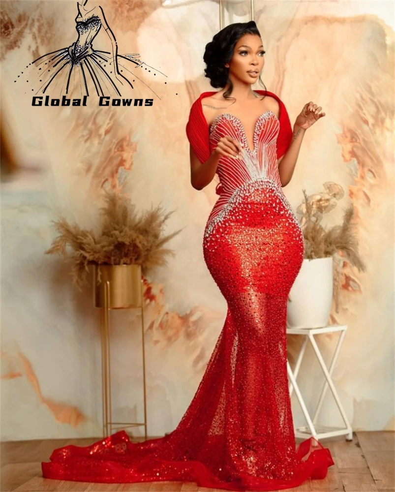 

Red Sweetheart Long Prom Dress For Black Girls 2023 Beaded Crystal Birthday Party Dresses See Through Evening Gown Robe De Bal