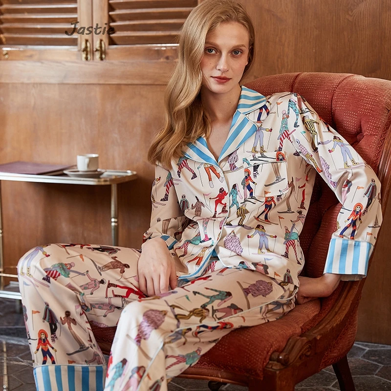 

【Ski Print】Spring New Sleepwear Imitation Ice Silk Long Sleeve Shirt Straight Leg Pants Two Piece Sets Causal Women's Pajamas