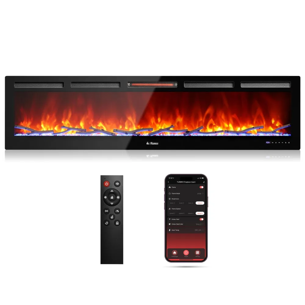 

2024 TURBRO 72” Smart WiFi Infrared Electric Fireplace, 1500W Quartz Heater, Recessed or Wall Mounted，Adjustable Flame Effects.