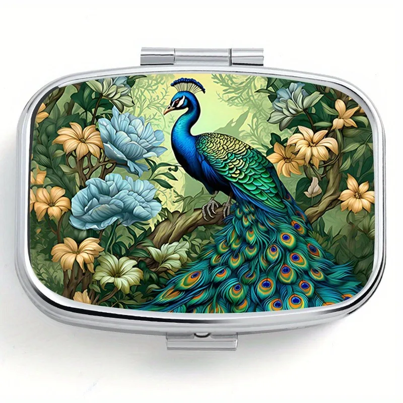 Tropical Style 2-Grid Peacock Pattern Pill Box Stylish Portable Pill Box Perfect for Pocket or Purse Durable Vitamin Storage Box