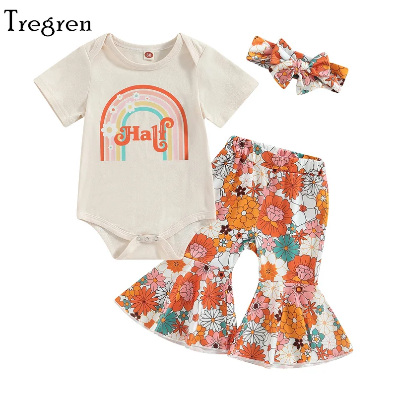 

Tregren 3-9 Months Newborn Baby Girl Birthday Clothes Set Letter Print Short Sleeve Crew Neck Romper Floral Flare Pants Headband