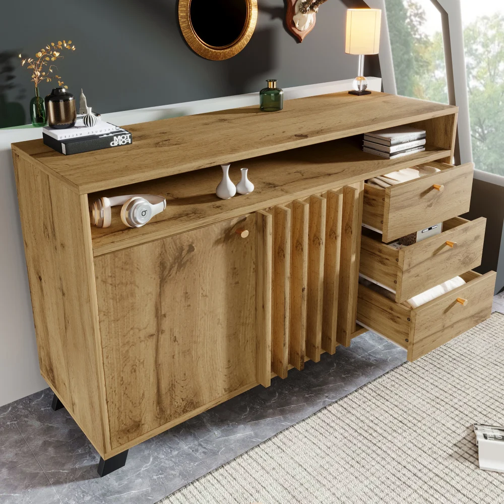 Sideboard, Kommode mit Schubladen und Türen, Aufbewahrungsschrank in Rattan-Optik mit verstellbaren Einsätzen, für das Wohnzimmer – Detail 35