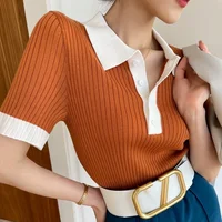 Summer Women's T-shirt Slim Knitted Polo Shirts Short Sleeved Tees Tops Lady's Fashion Skinny Casual Camisas for Women 2025 - Image 3