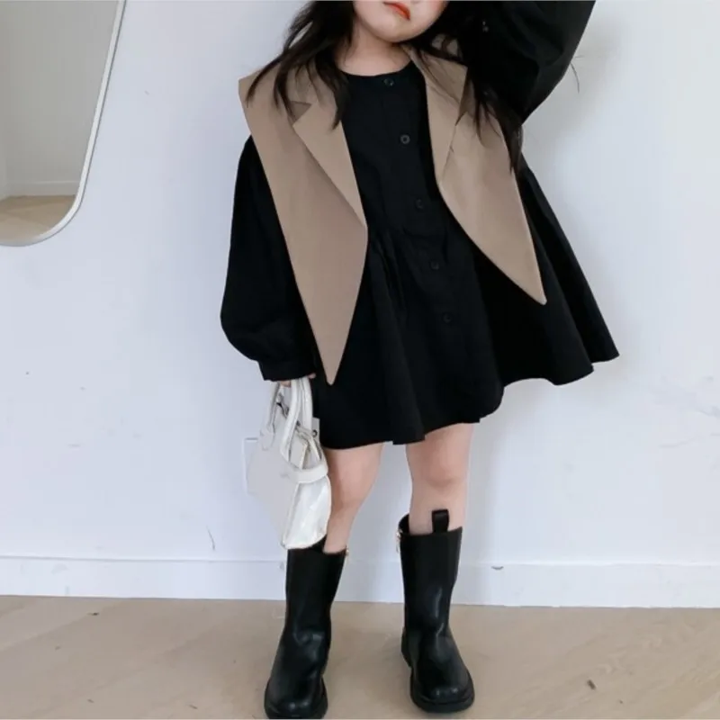 Fashion Baby Girl Cotton Shirt Dress + Vest Shawl 2PCS Toddler Child Long Blouses Dovetail Suit Spring Autumn Baby Clothes 2-7Y kids shirts