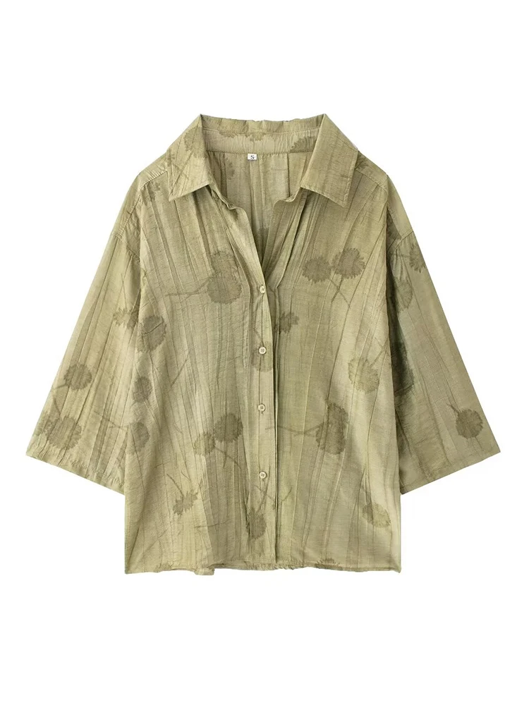 TFMLN Women's Fashion Two Piece Set Loose Jacquard Shirt 2024 High Waist Trousers Set Lapel Half Sleeve Shirt Wide Leg Pants