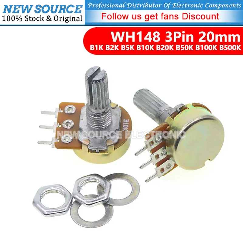 2pcs WH148 B1K B2K B5K B10K B20K B50K B100K B500K 3Pin 20mm Shaft Amplifier Dual Stereo Potentiometer 1K 2K 5K 10K 50K 100K 500K 5pcs rv097ns 15mm 8pin b10k b50k b100k 10k 50k 100k with a switch audio 8pin shaft 15mm amplifier sealing potentiometer