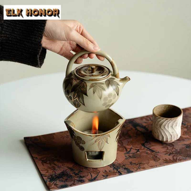 Gold Drawing Teapot Warmer Set Antique Hand-painted Grape Candle Heating Furnace Aesthetic Tea Stove Kettle Stand For Tea Gift