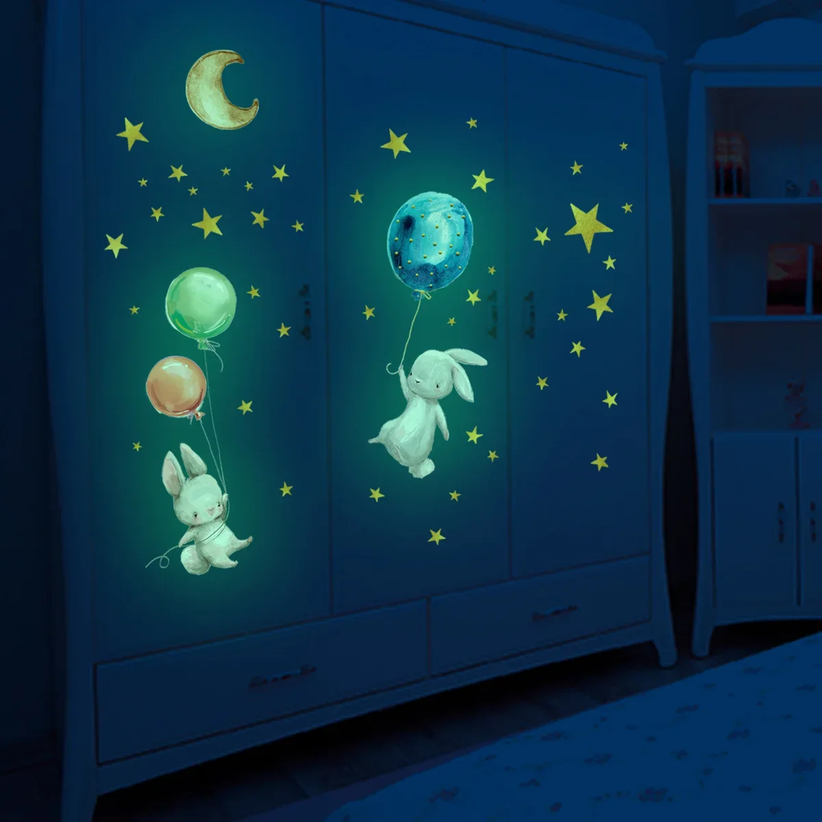 Cartoon Luminous Bunny Balloon PVC Sticker Removable Rabbit Star Wall Glow Stickers luminous wall stickers