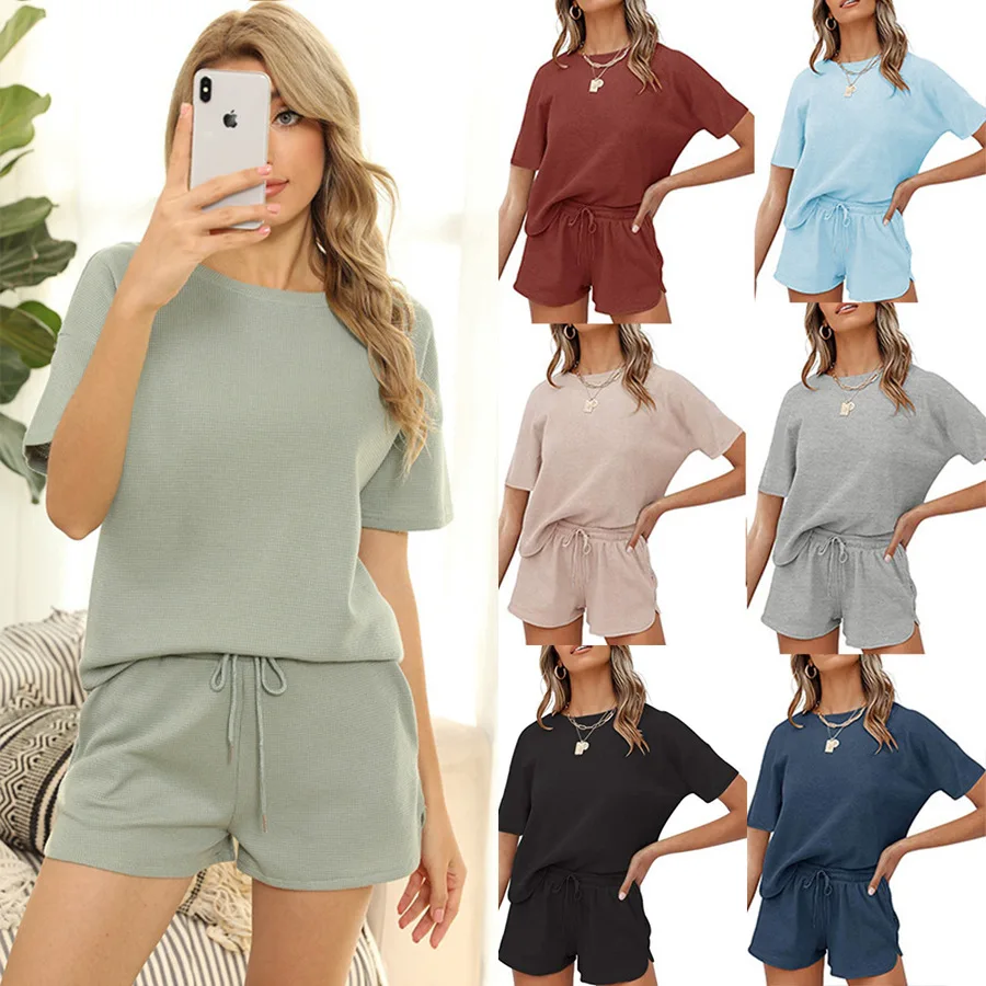 

Summer Outerwear Women's Suit Loose Solid Color Short Sleeve Shorts Wear Comfortable and Casual Home Suit Waffle Pajama Sets