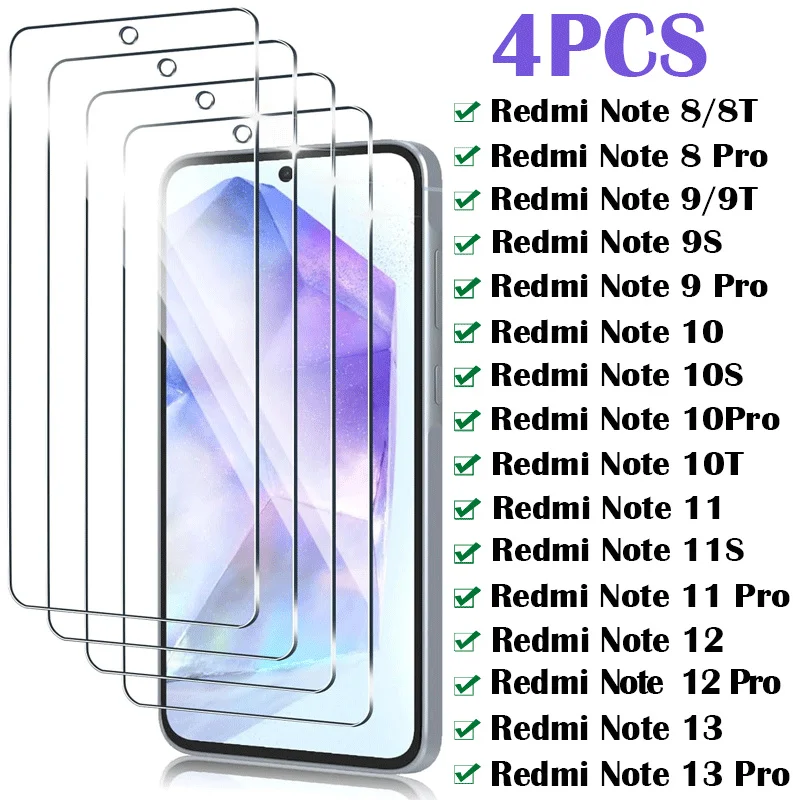 4 Stück gehärtetes Glas für Xiaomi Redmi Note 13 12 11 Pro 10S 11S Displayschutzfolie für Redmi Note 8 9 Pro 8T 9T 9S Schutzglas