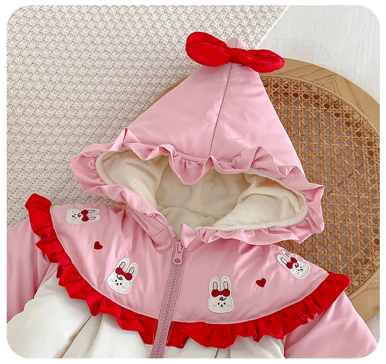 Cekcya Winter Koreanische Baby Mädchen Body Baumwolle Plus Samt Gepolsterte Warme Säuglings Hoodie Overall Bogen Kleinkind Mädchen Schnee Tragen – Detail 9