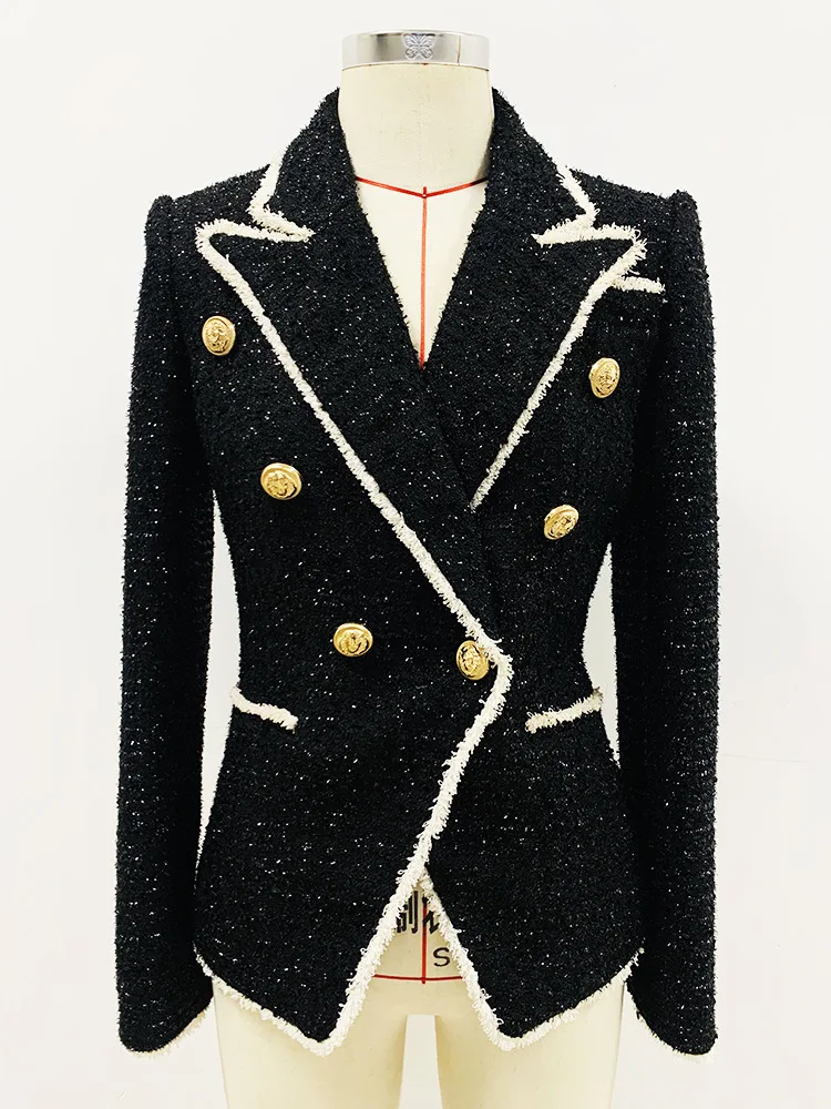 

HIGH STREET Newest Fashion 2024 Designer Jacket Women's Slim Fitting Lion Buttons Contrast Color Fringed Tweed Blazer