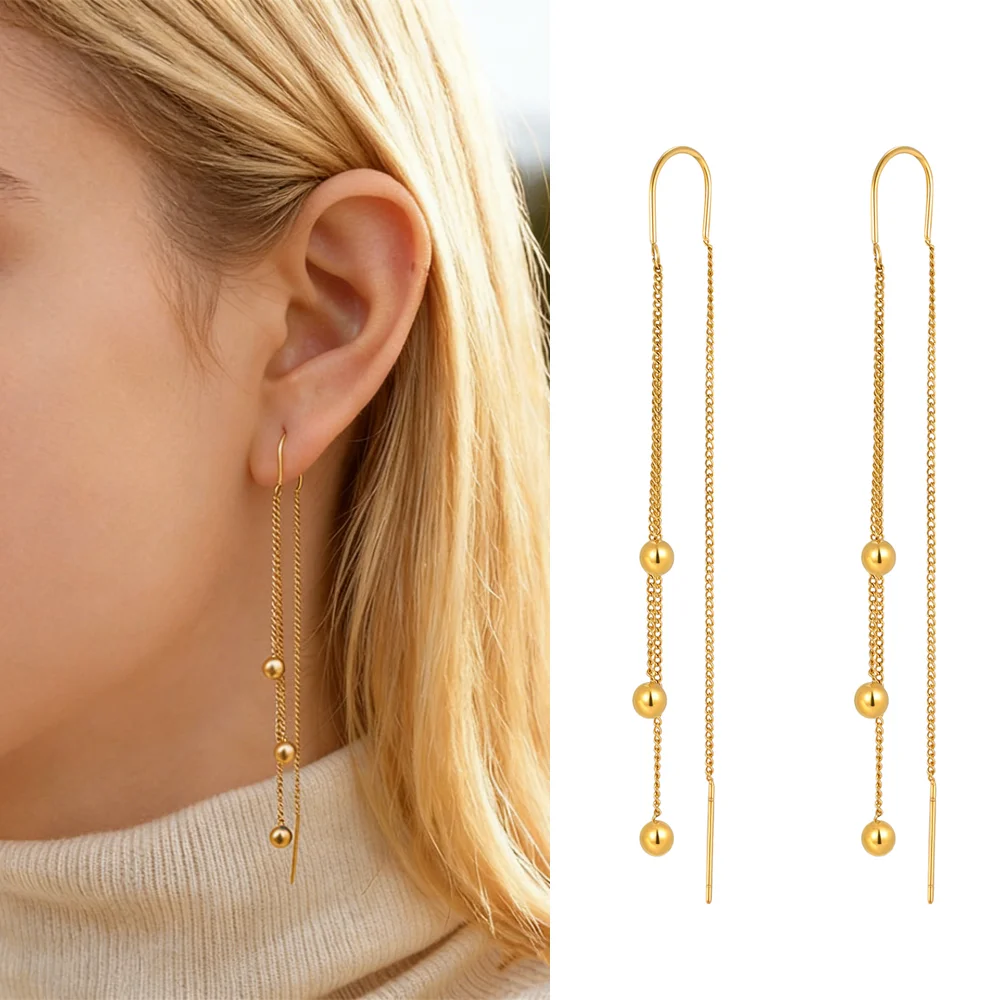 Exquisite goldfarbene lange Quasten-Ohrringe für Damen, Edelstahl-Kugel-Ohrhänger, trendiger Piercing-Schmuck, wasserfest.