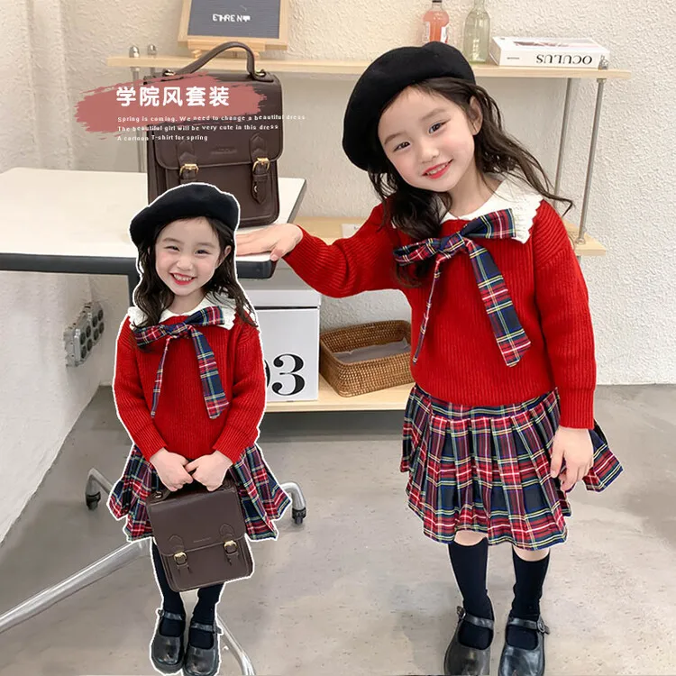 

Girls School Style Set Spring and Autumn Foreigner Childrens Knitted Sweater+Checkered Pleated Skirt Jk Uniform Two Piece Set