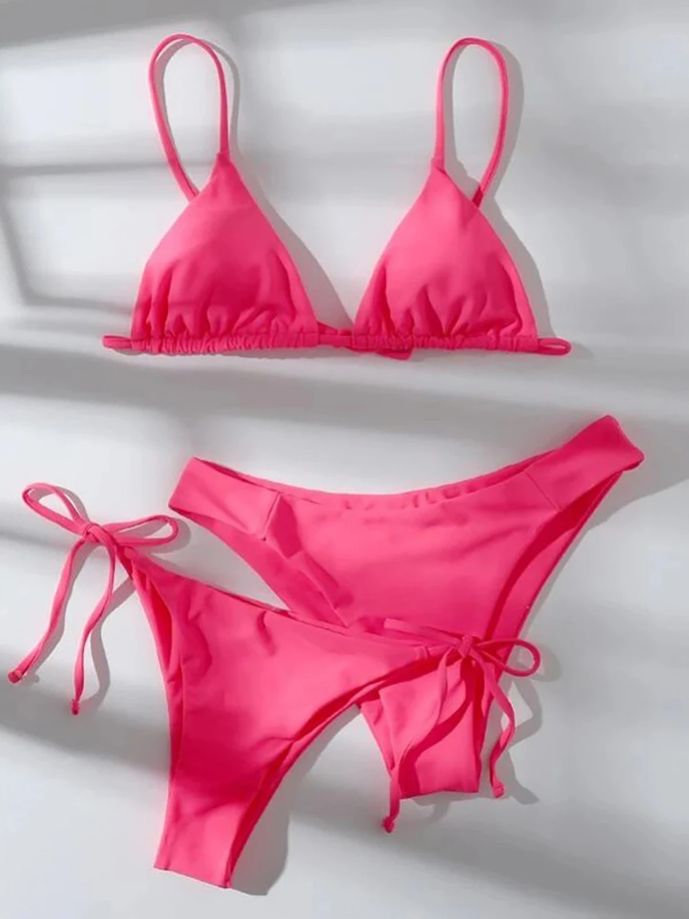 Sexy Solid 3 piece Bikini Set Women's Halter Lace Up Low Waist Swimsuit Triangle Thong Tie On Side Swimwear Brazilian Biquinis