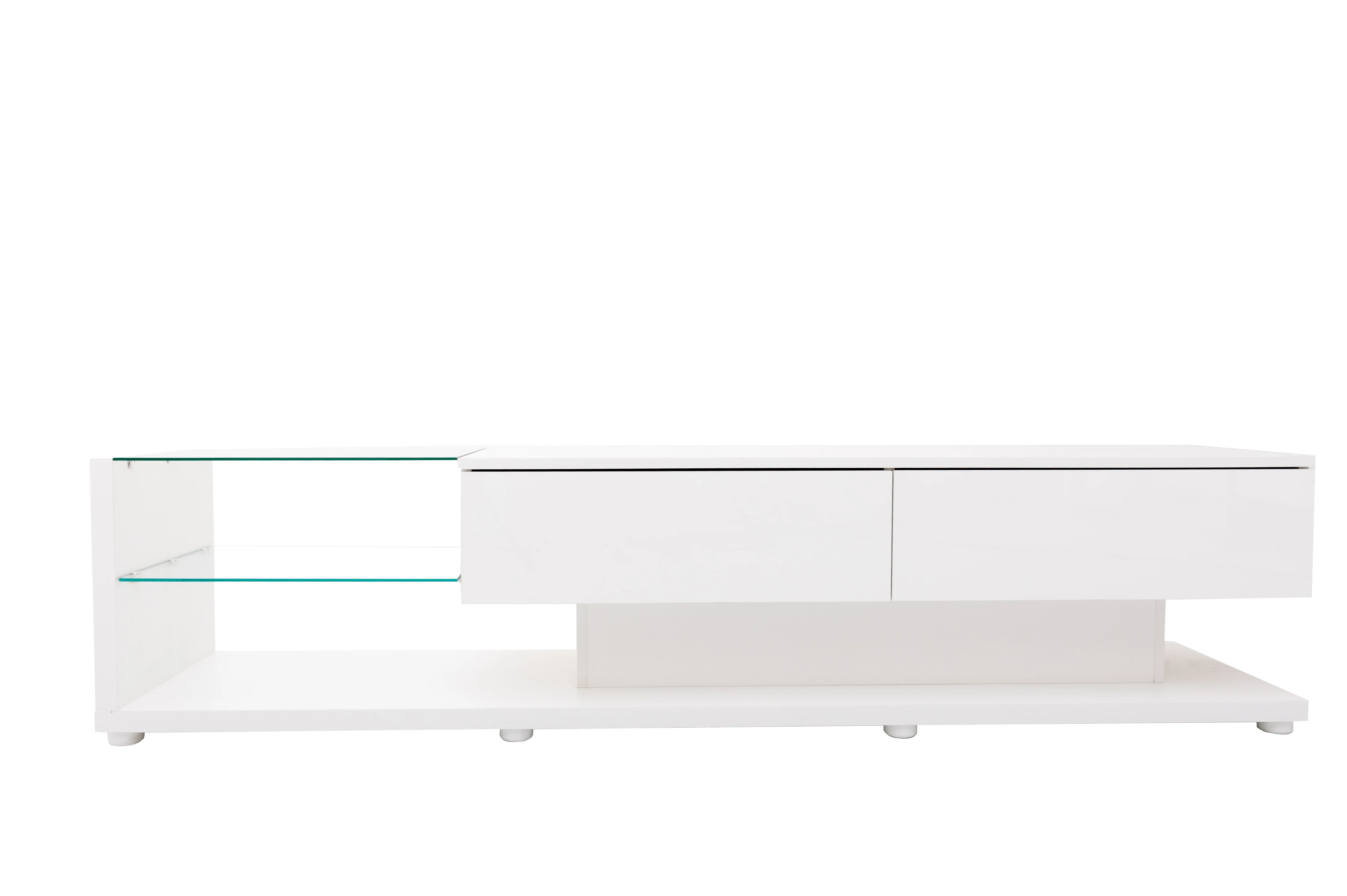 TV-Schränke, niedrige Paneele, hochglänzende weiße Glastrennwände und variable LED-Beleuchtung. Es kombiniert natürlicher, rustikaler Stil mit modern – Detail 14