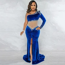 

Wishyear 2022 Luxury Fancy Evening Dress Birthday Party Sexy Velvet Mesh Crystal One Shoulder Split Bodycon Maxi Dresses