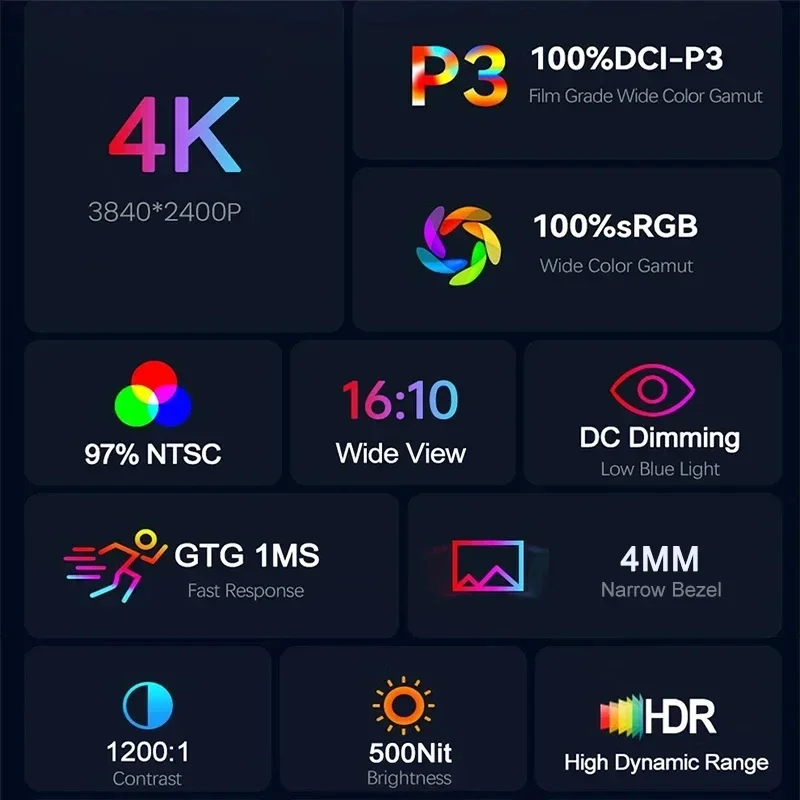 PC XBox PS5 ġ ޴ ġ ũ , 100% DCI-P3 500Nit 16:10 HDR 1MS FreeSync IPS ũ  ÷, 16 ġ, 4K