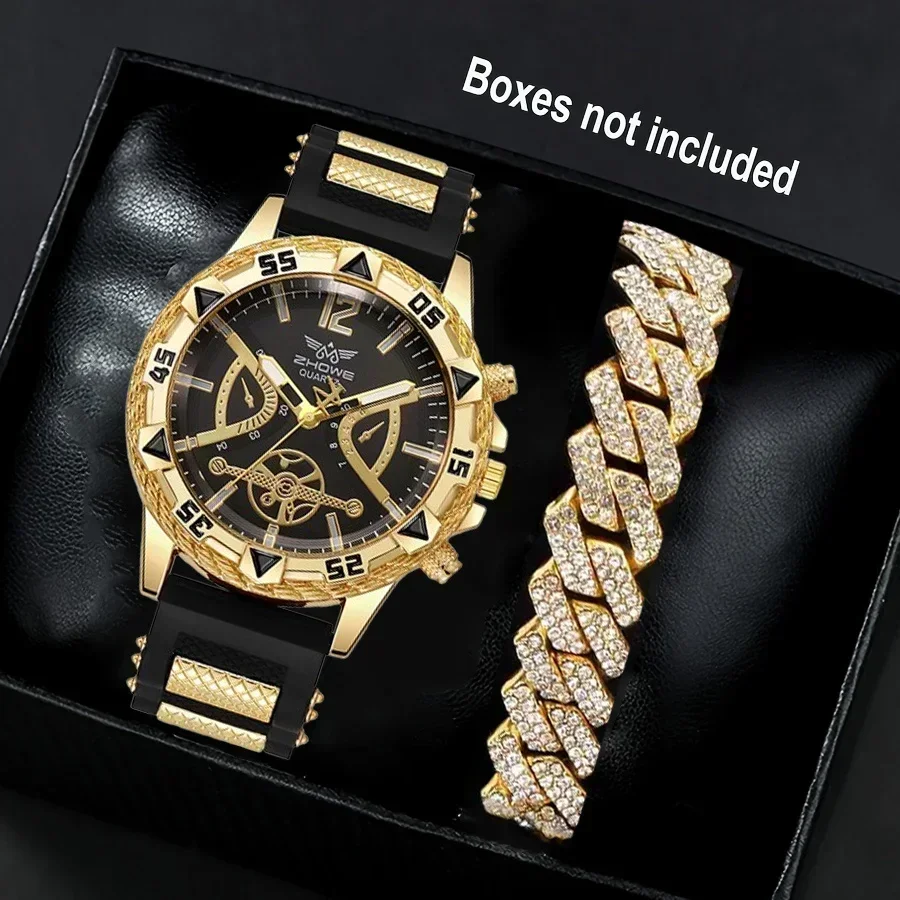 Business 2PCS Men's Fashion casual Luxury Silicone Band Diamond Quartz Bracelet Wrist Watch set（Box Not Included ）