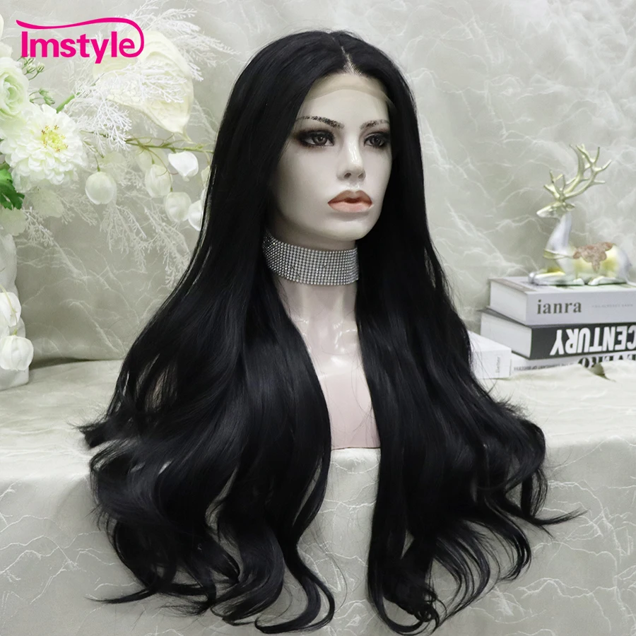 Imstyle Black Lace Wig Long Synthetic Lace Front Wig Heat Resistant Fiber Natural Wavy Lace Daily Cosplay Wigs For Women 4