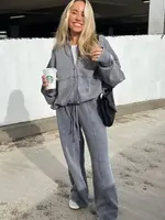 HH Women's 2-piece Retro Solid Color Zipper Bomber Jacket Sweatshirt + High-waisted Lace-up Women's Loose Velvet Pants Suit - Image 3