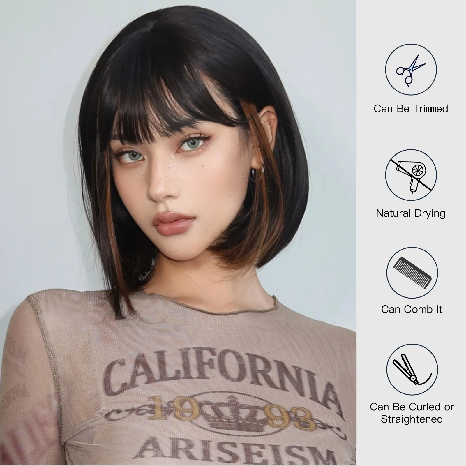 HENRY MARGU Short Bob Wig Black Brown Highlight Wig with Bangs Straight Synthetic Hair Wig for Women Daily Party Use Wigs Fiber