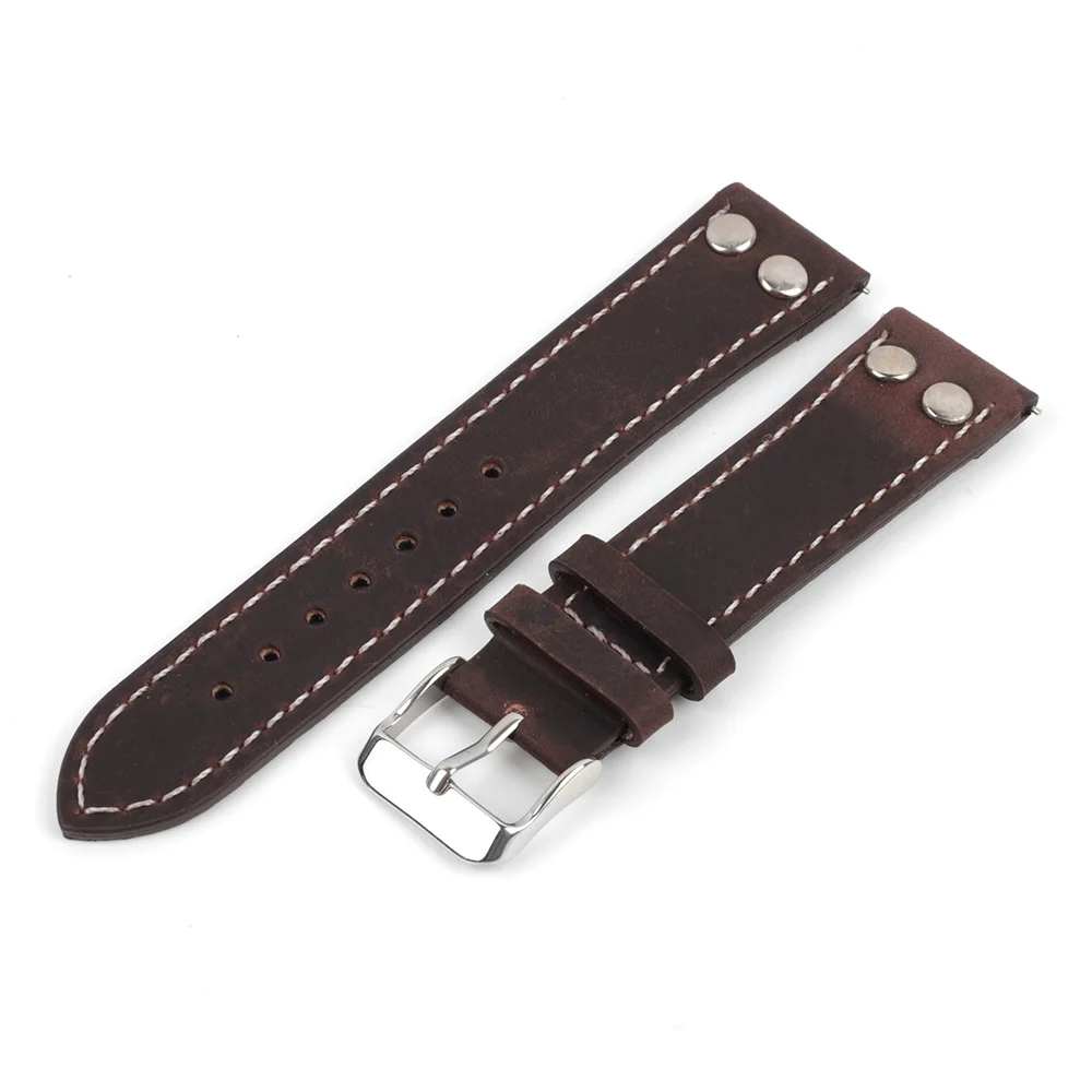 Vintage Coffee Brown Leather Watch Strap with Rivet Pin Buckle