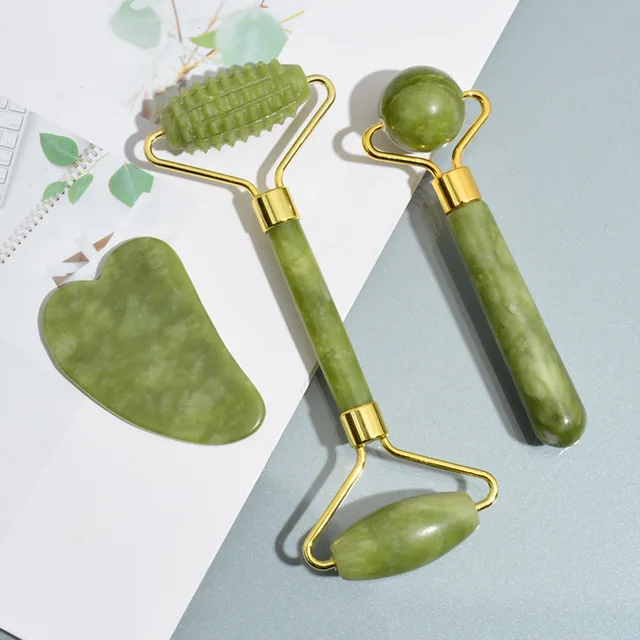 2pc Natural Jade Roller Face Gua Sha Massage Natural Stone Body Neck Massager Acupoint Eye Care Spa Tools Massage Visage Lifting 2