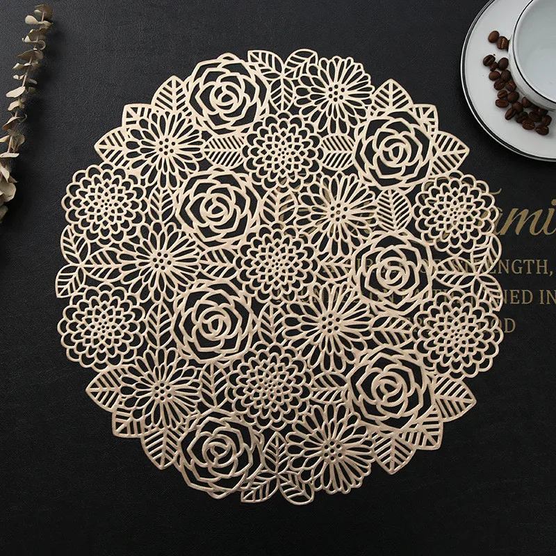 

1Pc 10/38cm Round Rose Flower Hollow PVC Placemat Table Mat Heat Insulation Pad Non-slip Coaster Wedding Party Decoration