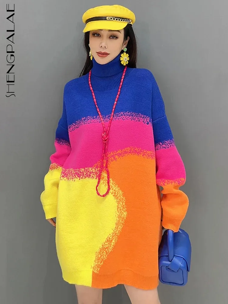 

SHENGPALAE Contrast Color Sweater For Women Spring Fashion Chic Colorful Turtleneck Casual Loose Knit Pullover 2024 New 5R9042