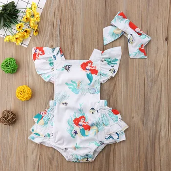 Pagliaccetto estivo per neonata con fascia per capelli, stampa a sirena, maniche con volant, tuta senza schienale, abbigliamento per bambini alla moda 1