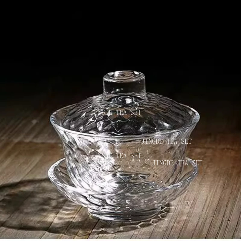 150ml Glass Covered Bowl Heat Resistant Hammer Patterned Transparent Crystal San Cai Tea Bowl Teacup Drinking Utensils