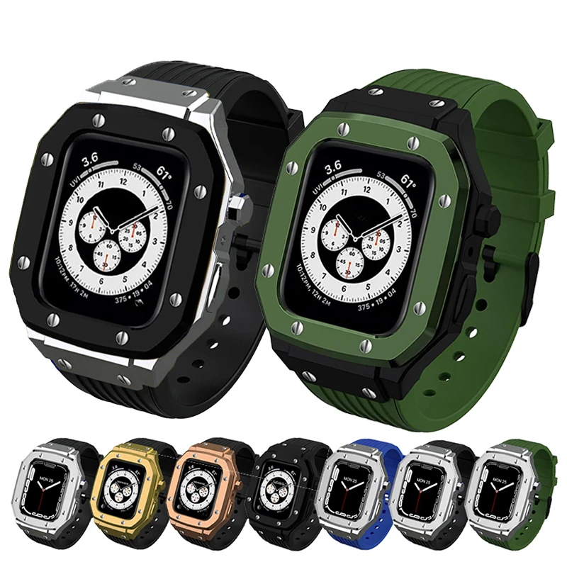 

Stainless Steel Case+Rubber Strap For iWatch 45mm 44MM Silicone Band Modification Kit For Apple Watch Series 9 6 5 SE 8 7 Correa