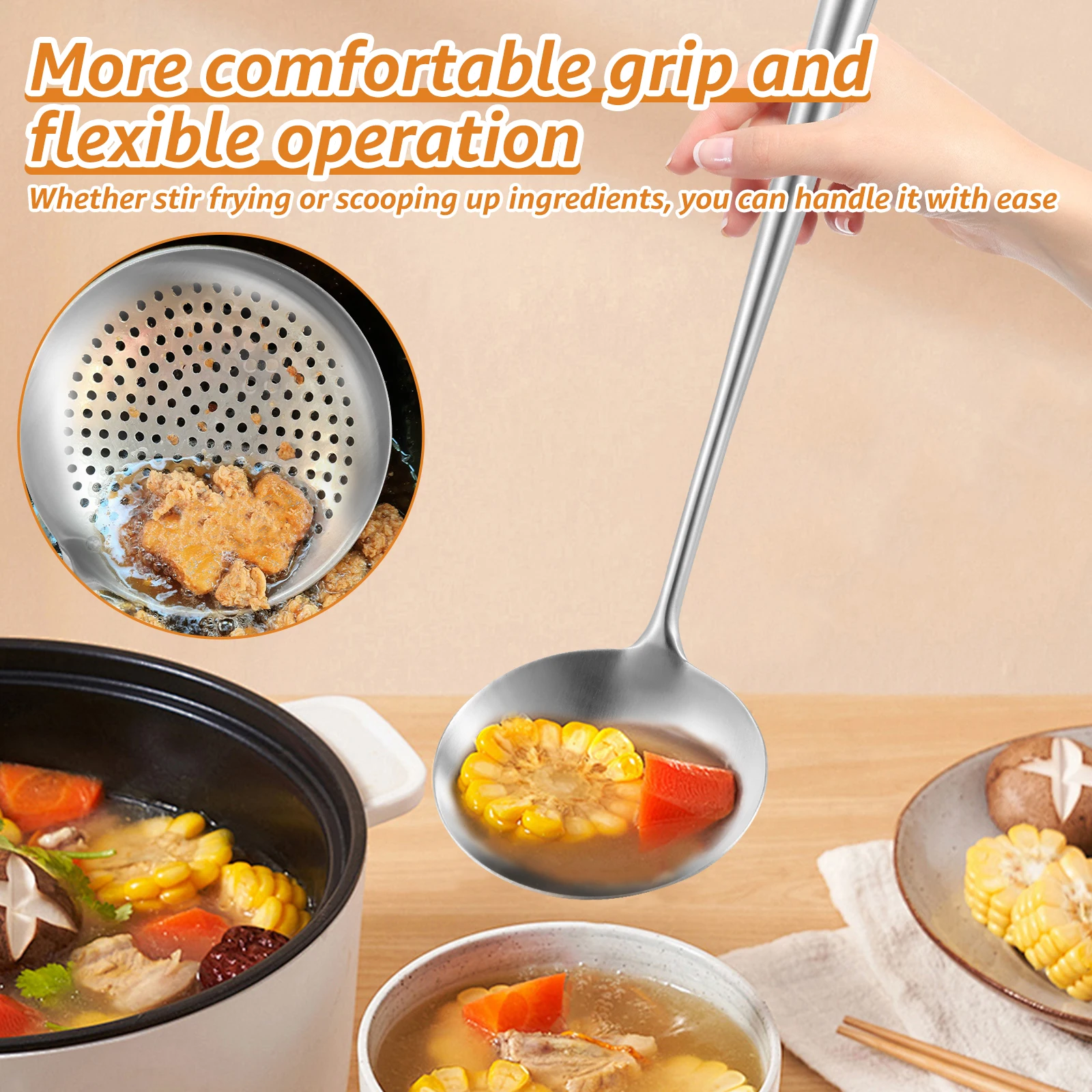 Stainless Steel Chinese Cooking Utensils Set Solid Wok Spatula and Ladle Skimmer Spoon Hanging Hole Design Kitchen Cooking Tools