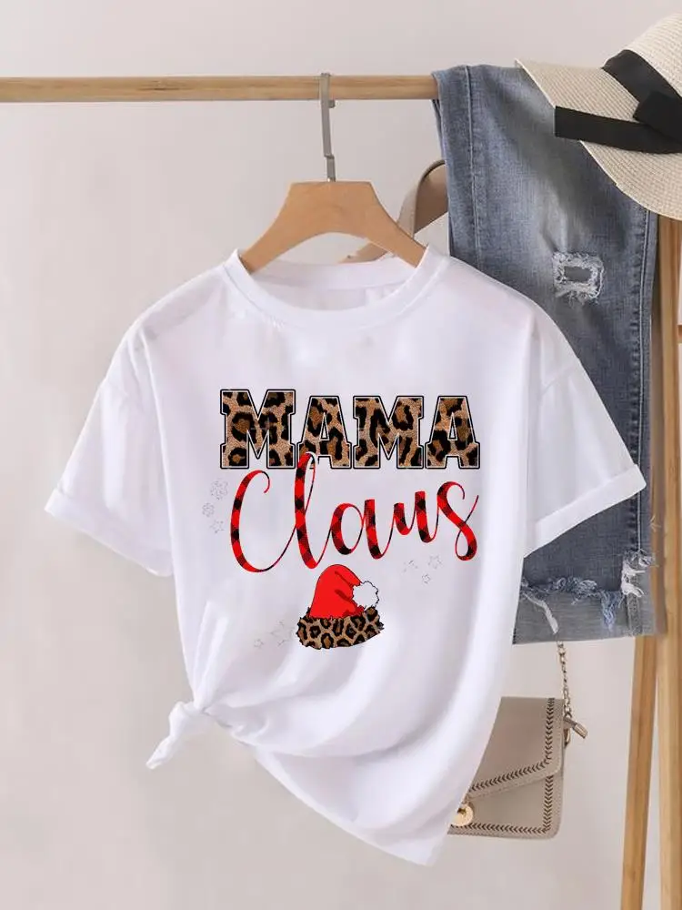

Lady New Year Leopard Mom Mama Letter Short Sleeve Print Fashion Women Shirt Tee Top Christmas Clothing Clothes Graphic T-shirt