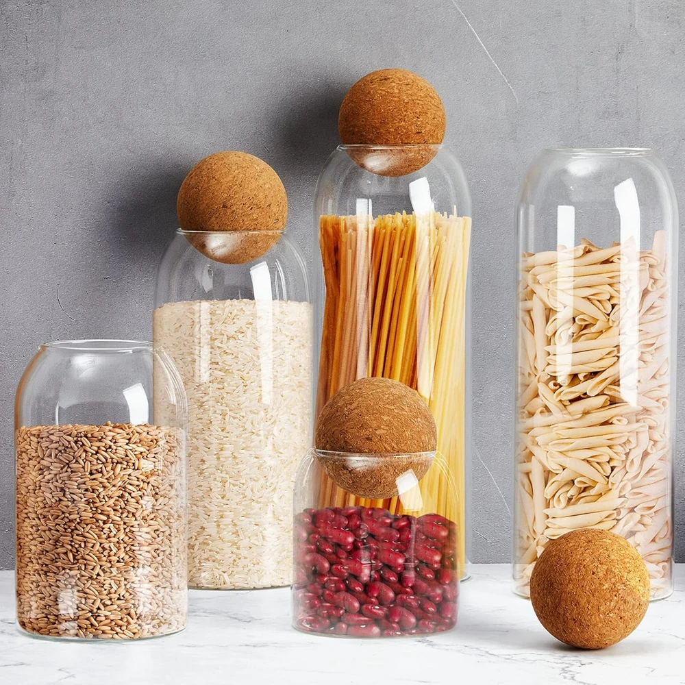 Glass Storage Containers Bottle Canister Jar Ball Cork Wood Lid Food Coffee