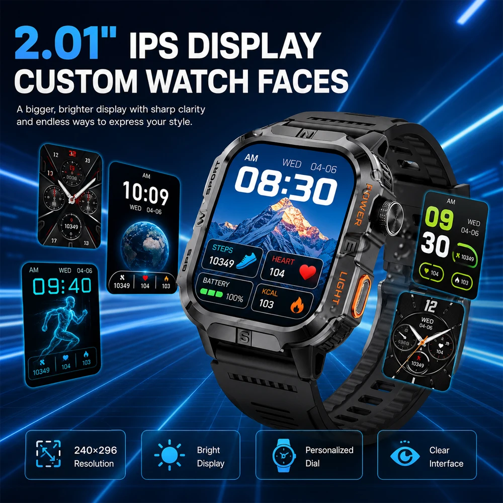 Smartwatch da Uomo con 6 Posizionamenti Satellitari, Impermeabile IP68, Chiamate BT, Batteria 540mAh, Schermo HD 2.01, 100+ Modalità Sportive - immagine 3